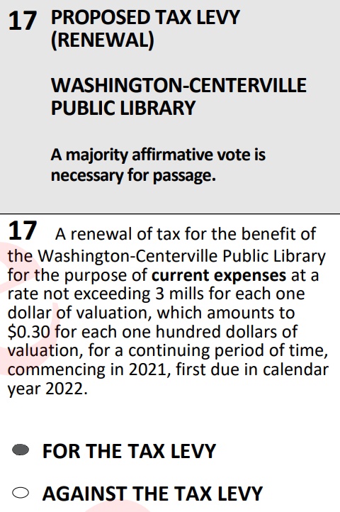 A picture of a sample ballot, the text says "Issue 17 Proposed tax Levy (Renewal) Washington-Centerville Public Libarary A majority affirmative vote is necessary for passage" Begin text of levy renewal "A renewal of tax for the benefit of the Washington-Centerville Public Libarary for the purpose of Current expenses at a rate not exceeding 3 mills for each on dollar of valuation, which amounts to $0.30 for each one hundred dollars of valuation, for a continuing period of time, commencing in 2021, first due in calendar year 2022." Below the text are two options "For the tax levy" and "Against the tax levy" The circle next to "For the tax levy" is filled in
